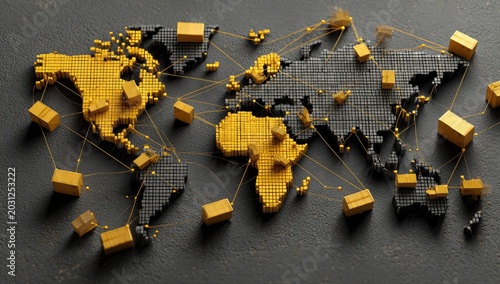 Global Logistics Network Connecting Continents with Cargo Boxes.