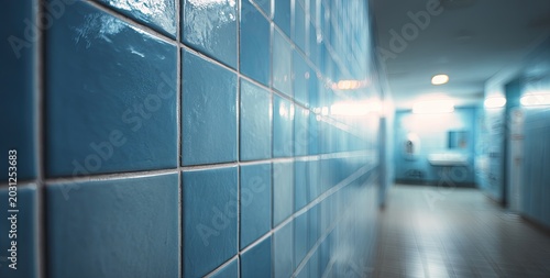 Blue tiled hallway with bright lights and a sink in the distance