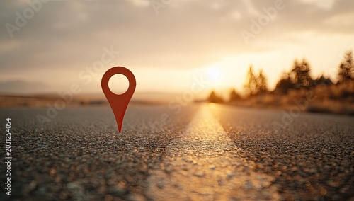 Red map pin on asphalt road, sunset, trees in background