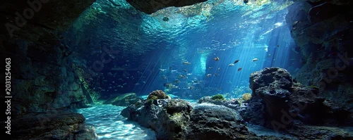 Panel kuchenny z motywem Sunbeams pierce crystal-clear water illuminating a vibrant underwater cave with schooling fish