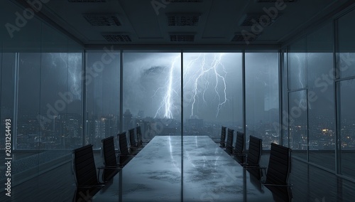 Modern Conference Room with Dramatic Lightning Storm Outside Window.
