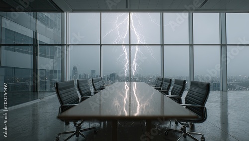 Dramatic Lightning Strike Illuminates Modern Boardroom During Stormy Weather.