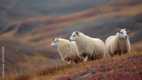 Icelandic Sheep Standing in Rugged Icelandic Landscape During Late Summer