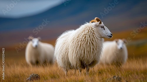 Icelandic Sheep Standing in Rugged Icelandic Landscape During Late Summer