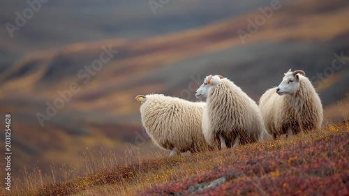 Icelandic Sheep Standing in Rugged Icelandic Landscape During Late Summer