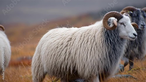 Icelandic Sheep Standing in Rugged Icelandic Landscape During Late Summer