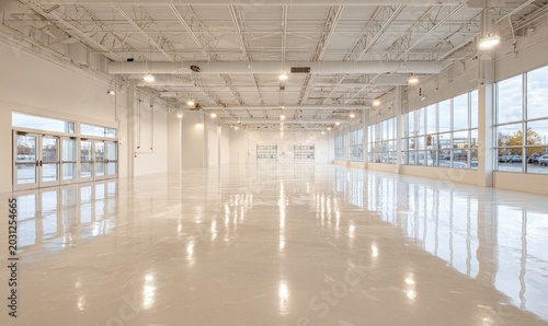 Bright, spacious, modern interior with large windows and polished floor