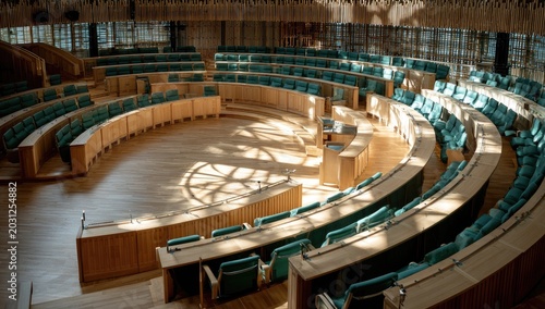 Modern Parliamentary Chamber with Curved Seating and Natural Light.