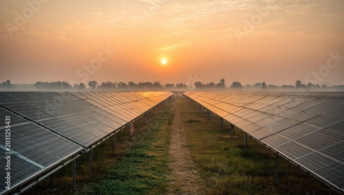 Rows of solar panels bathed in the warm glow of a rising sun