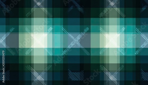 Abstract intersecting blue, green, and white plaid pattern with gradient tones