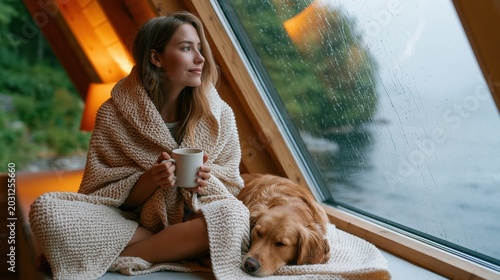 Young woman covered in a knitted blanket drinking coffee by the window with her dog in a rainy forest cabin.
