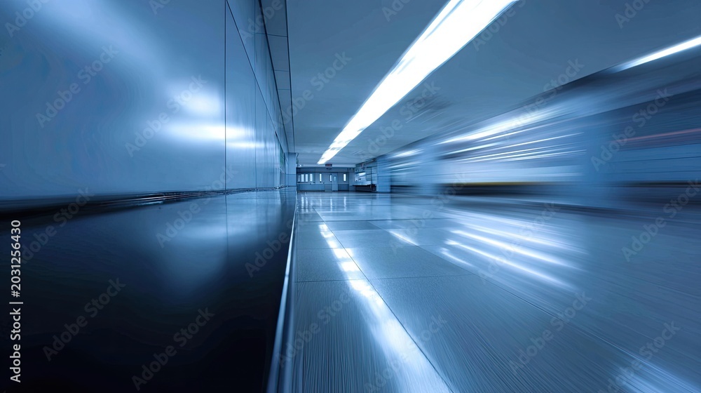 Fototapeta premium Futuristic, motion-blurred, blue-toned corridor with bright overhead lights reflecting