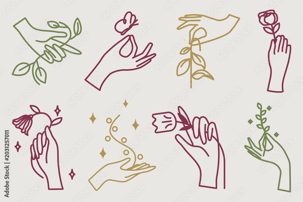 Obraz premium Vector of diverse hands holding flowers and plants in minimalist style.