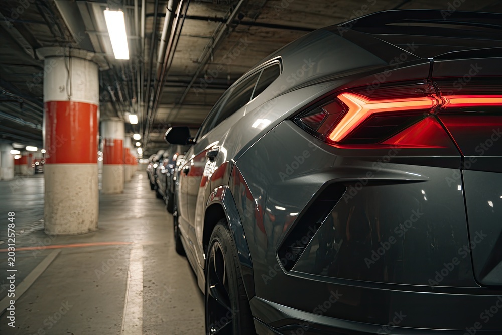 Fototapeta premium Sleek modern SUV with glowing taillights in dimly lit parking garage