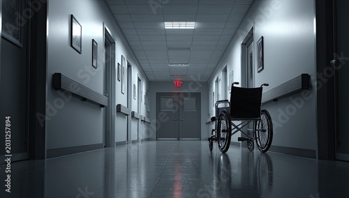 Empty hospital corridor with a solitary wheelchair, bathed in dim, cool light