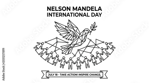 Nelson Mandela International Day illustration with geometric dove and people.