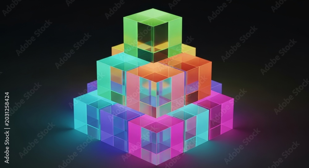 Fototapeta premium A stunning display of translucent acrylic cubes stacked in a modern geometric pattern, illuminated by vibrant glowing rainbow neon gradients, futuristic, translucent, minimal