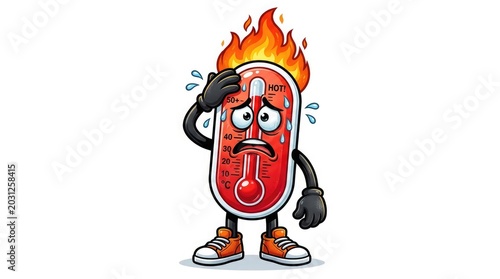 Cartoon thermometer character overheated with flames and sweat drops