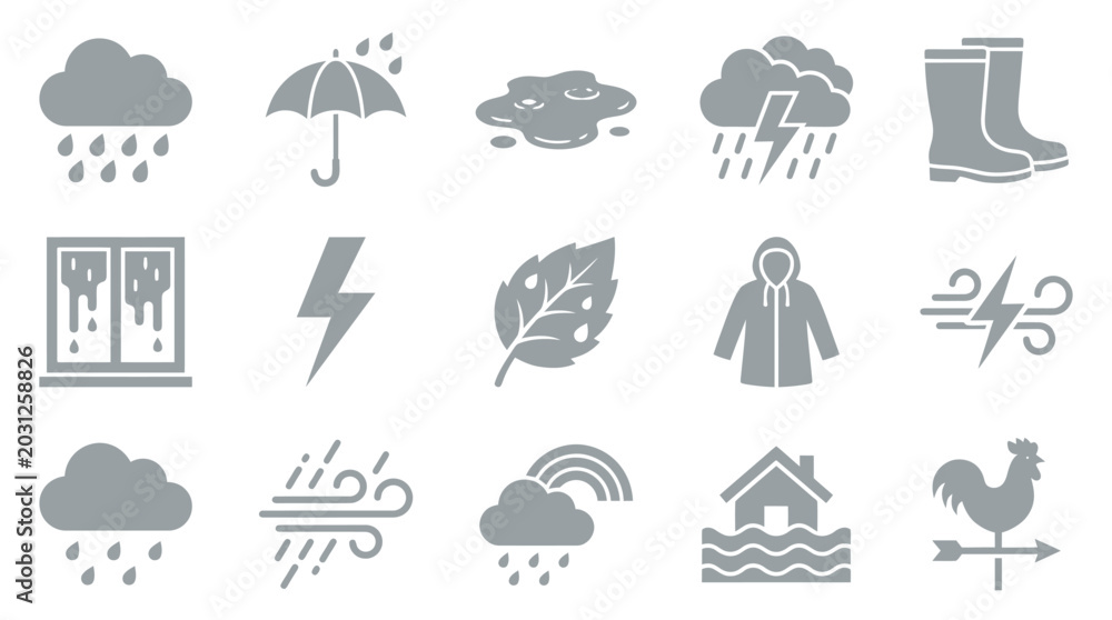 Obraz premium Collection of weather icons representing rain, storm, wind, and other meteorological phenomena.