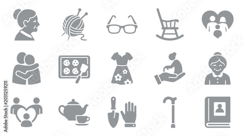 Canvastavla Collection of elderly lifestyle icons representing hobbies, family, and daily activities
