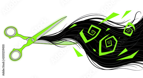 Schilderij op canvas Hair cutting with green scissors.