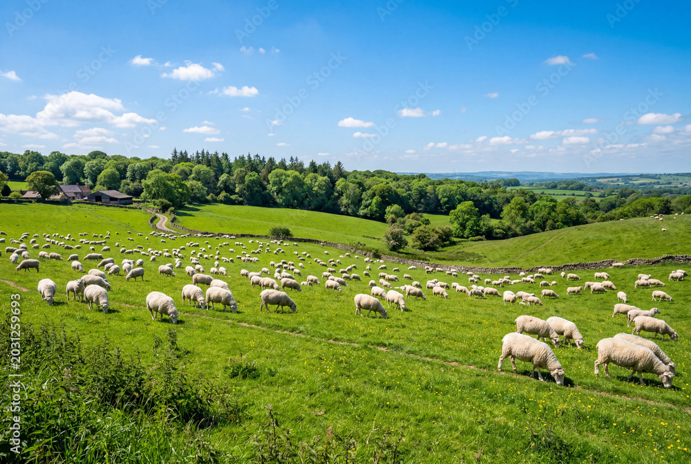 Fototapeta premium Flock of white sheep grazing peacefully in a lush green pasture