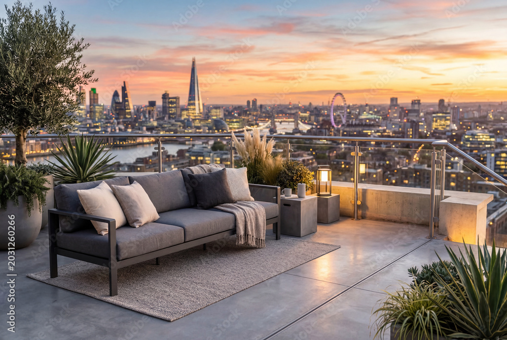 Fototapeta premium Modern outdoor sofa on rooftop terrace with panoramic city skyline sunset view