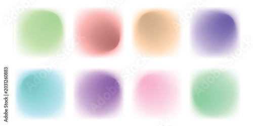 Watercolor halftone gradient mesh stains set, round shapes colorful brushes, vector illustration.