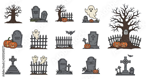 Tableau sur toile Halloween graveyard tombstones and fences.
