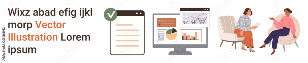 Obraz premium Digital marketing, analytics, communication, consulting, e-commerce, business growth. Screen with charts and two people talking. Digital marketing and analytics showcased