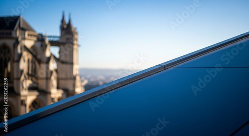 Modern metallic building roof edge overlooking historic gothic cathedral