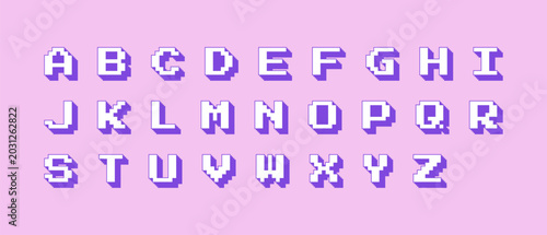 Purple pixel alphabet letter set, retro 8 bit typography design for gaming, stickers, posters, social media and playful branding