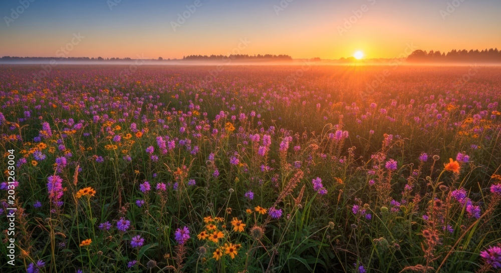 Obraz premium Vibrant Wildflower Meadow at Dawn, Bathed in Golden Light and Morning Mist