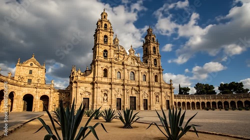 Ornate building exterior against blue sky with cloudy background