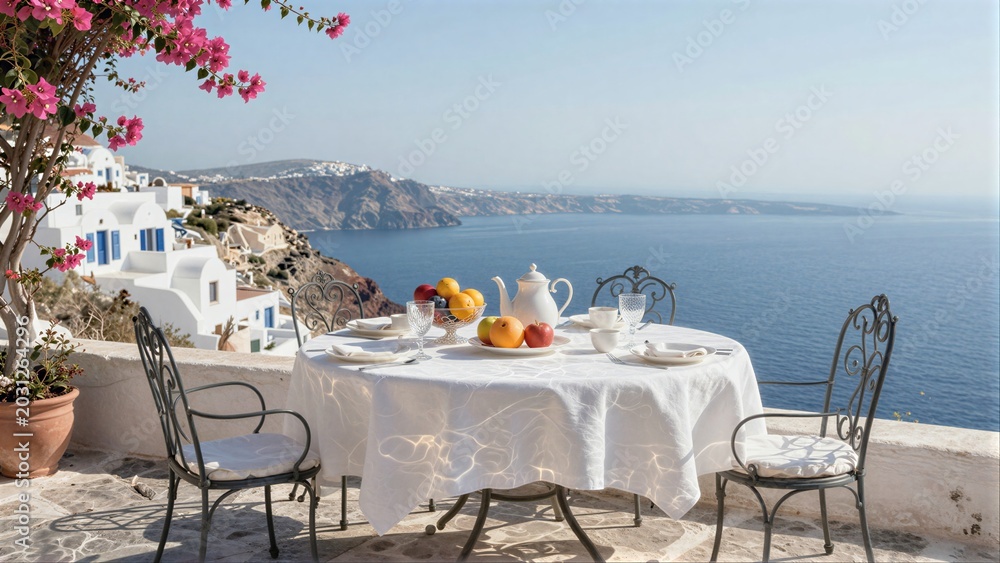 Fototapeta premium Cozy table set for breakfast overlooking Greek islands with vibrant