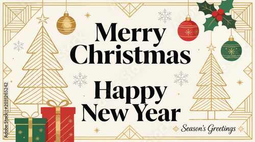Elegant Christmas and Happy New Year Greeting Card Template with Gold Ornaments
