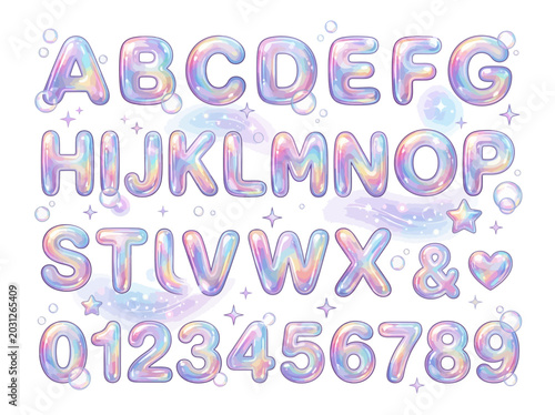 Holographic alphabet letters and numbers set.