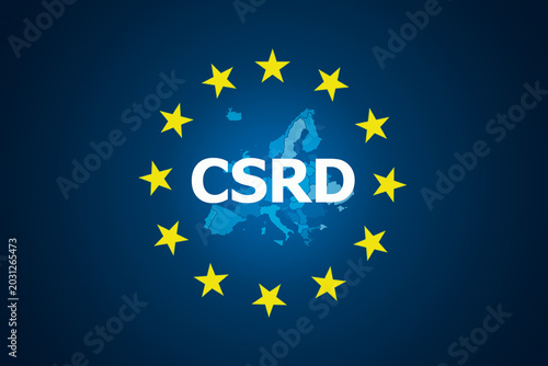 CSRD and icon on map european blue background.