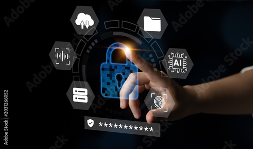 Foto A hand interacts with a futuristic lock interface, symbolizing cutting-edge technology in cybersecurity and data protection through innovative design and digital solutions