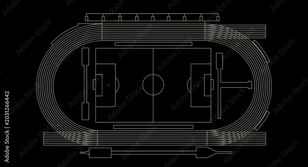 Fototapeta premium Architectural blueprint of an oval stadium with field and track layout.