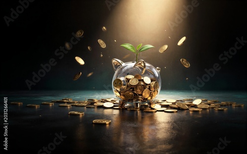 Golden coins pour into a piggy bank nurturing growth with a sprouting