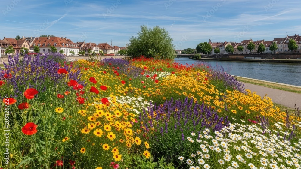 Obraz premium Vibrant wildflower meadow along a scenic river bank.