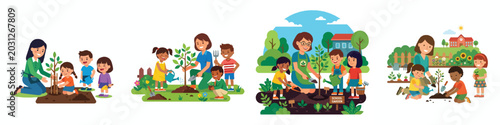 A simple flat design vector of a teacher planting a small tree with students in a school garden. Minimalist style, vibrant colors, no outlines, isolated on a plain white background.