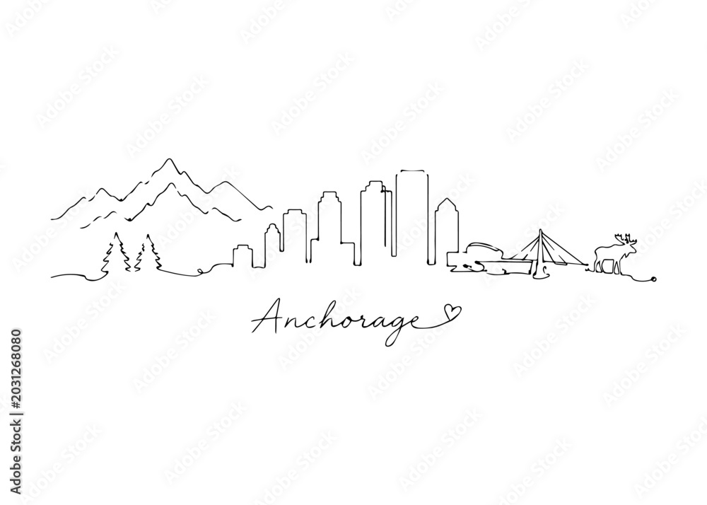 Obraz premium Anchorage city skyline hand drawn Vector hand-drawn naive city skyline on a white background
