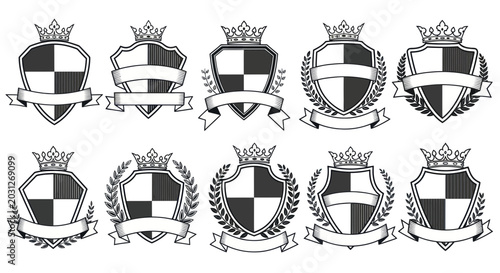 Foto Black and white heraldic shield crests.