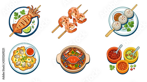 Konstfotografi Variety of seafood dishes served.