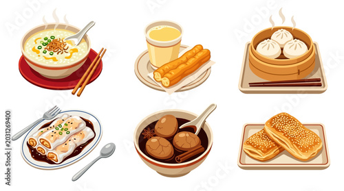Photos Variety of Asian dim sum dishes.