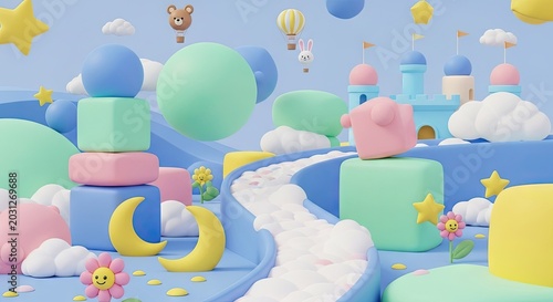 3D abstract playground with geometric shapes and clouds.