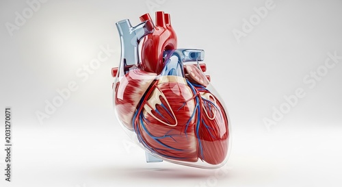 Realistic 3D anatomical human heart model on white background.