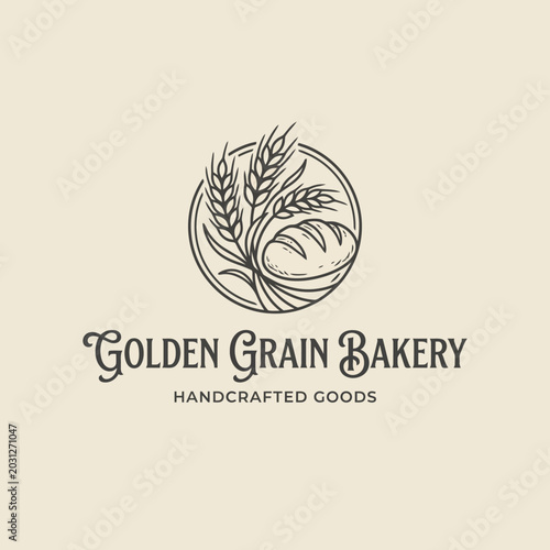 Artisanal bakery branding emblem featuring rustic hand-drawn wheat stalks and freshly baked bread, symbolizing tradition, quality, and homemade deliciousness for gourmet goods